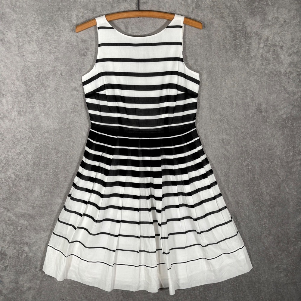Talbots Petites Black White Striped Cotton Fit Flare Dress 8P NWT Lightweight